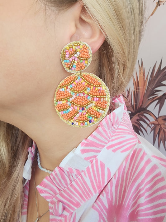 Earrings - Beaded Orange Drop Circles