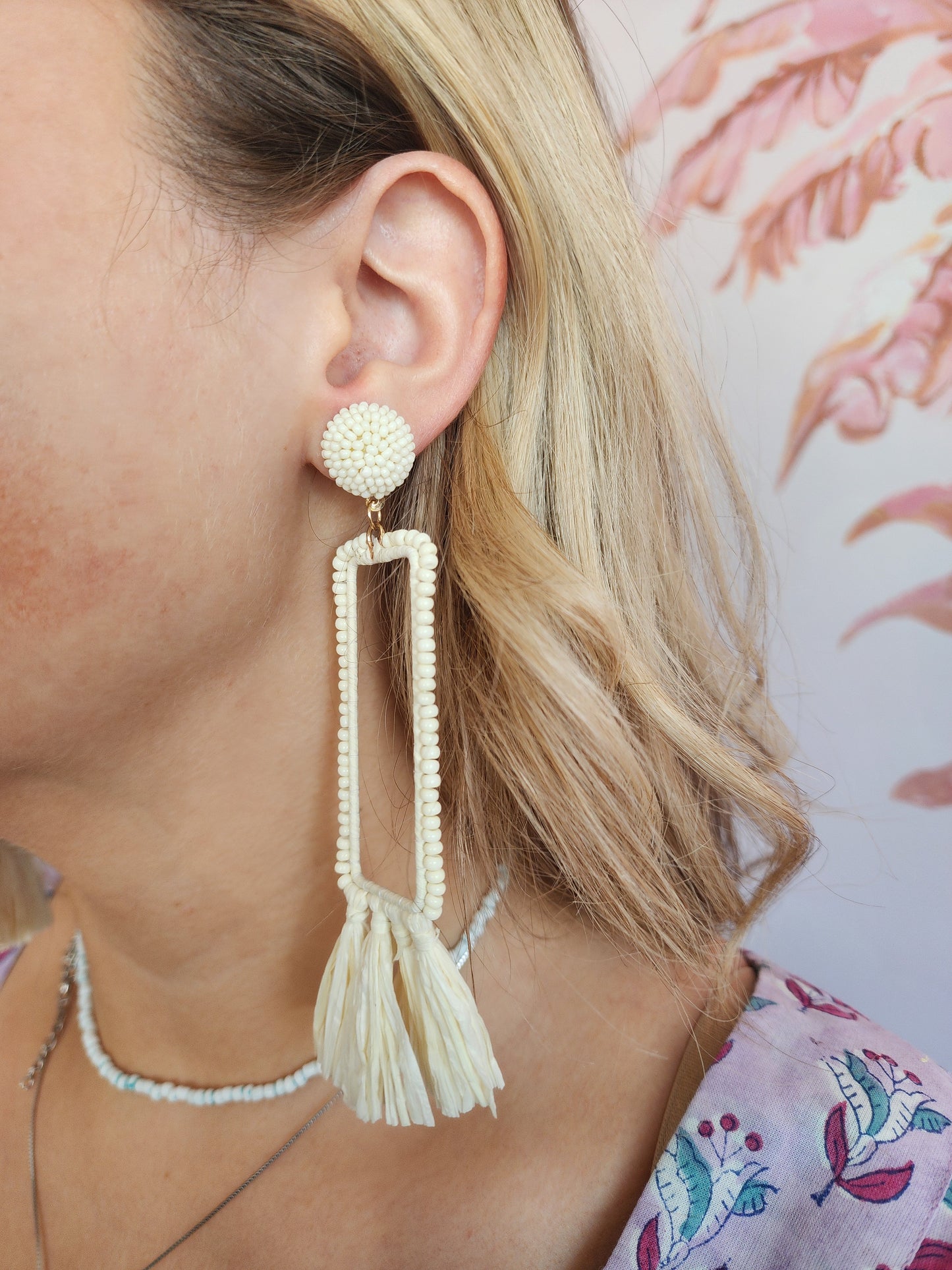 Earrings - Rectangle Raffia Tassel
