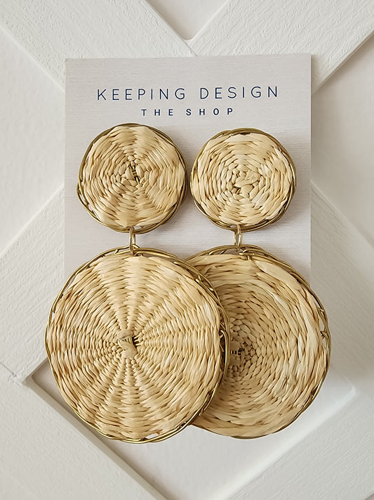 Earrings - Gold + Rattan Drop Circles