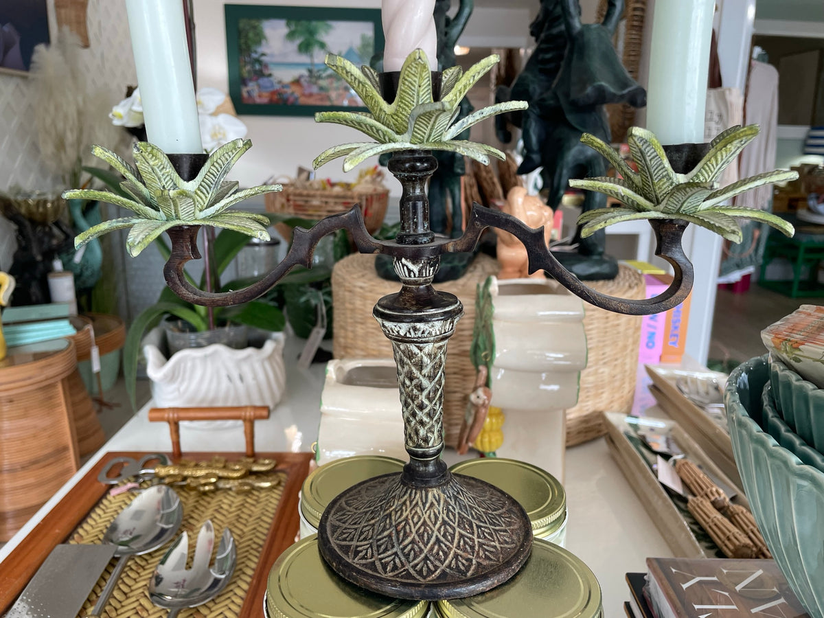 Vintage Metal 3 Palm Tree Candlestick Holder