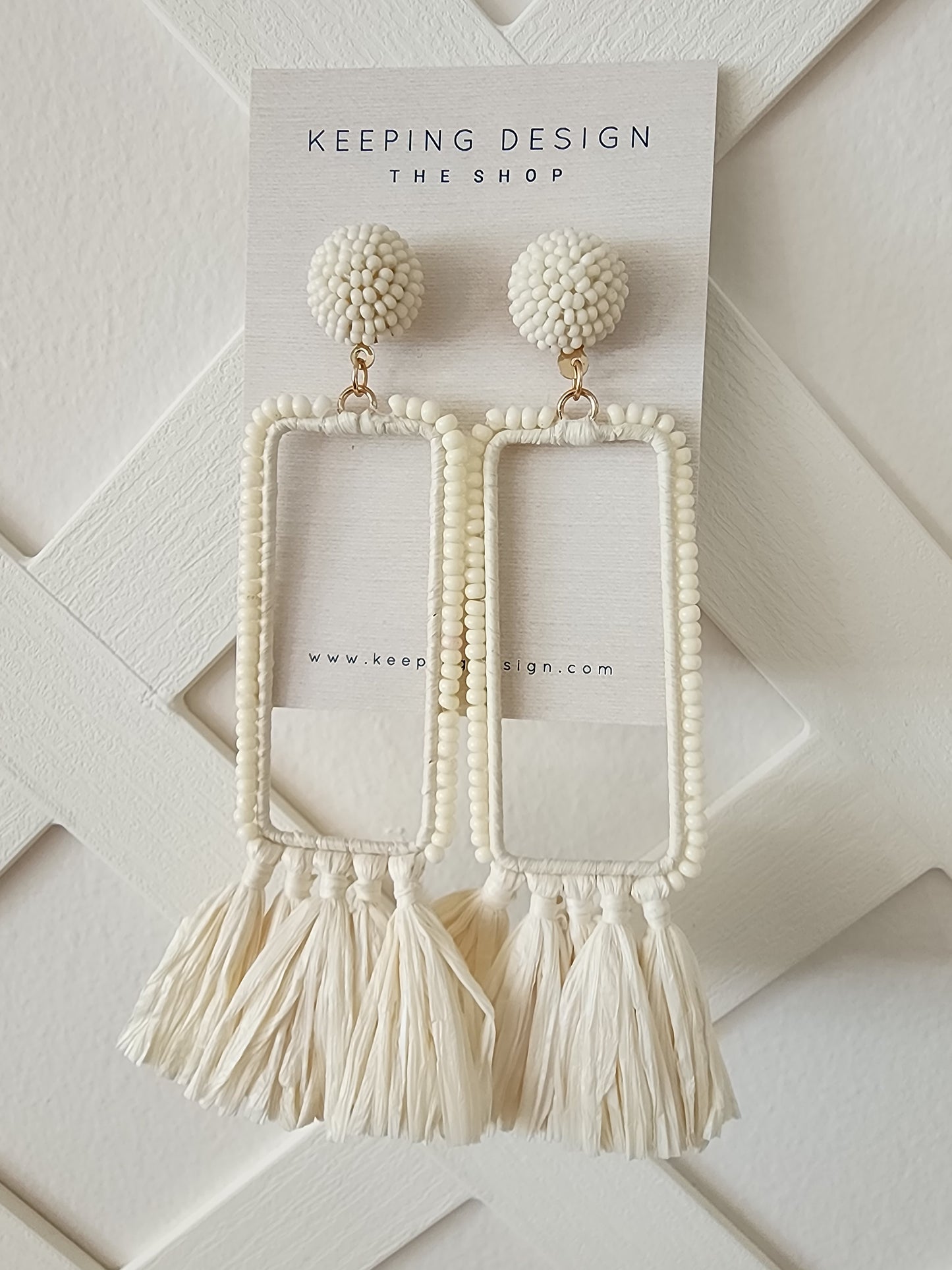 Earrings - Rectangle Raffia Tassel