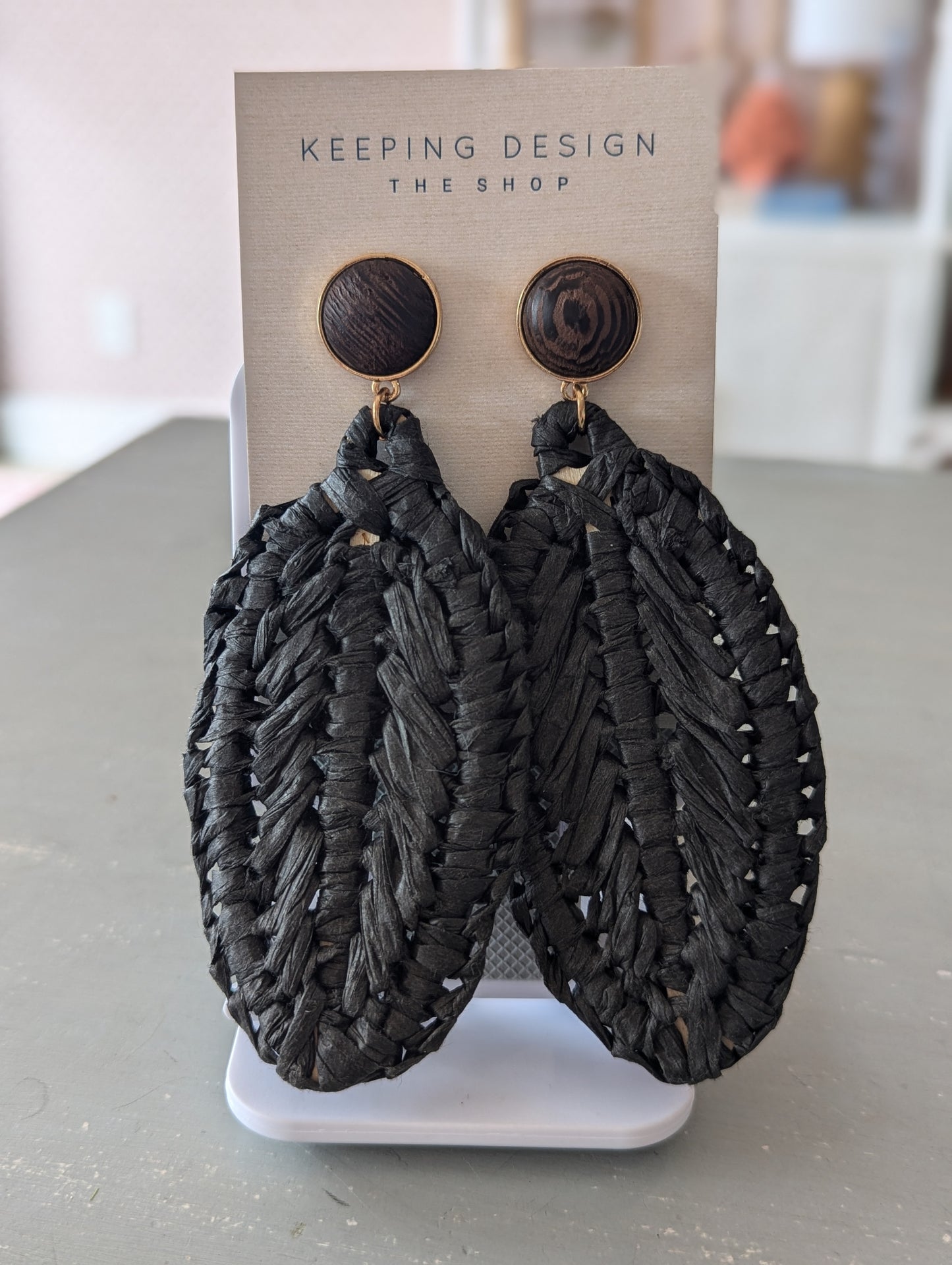 Earrings - Woven Straw with Wood