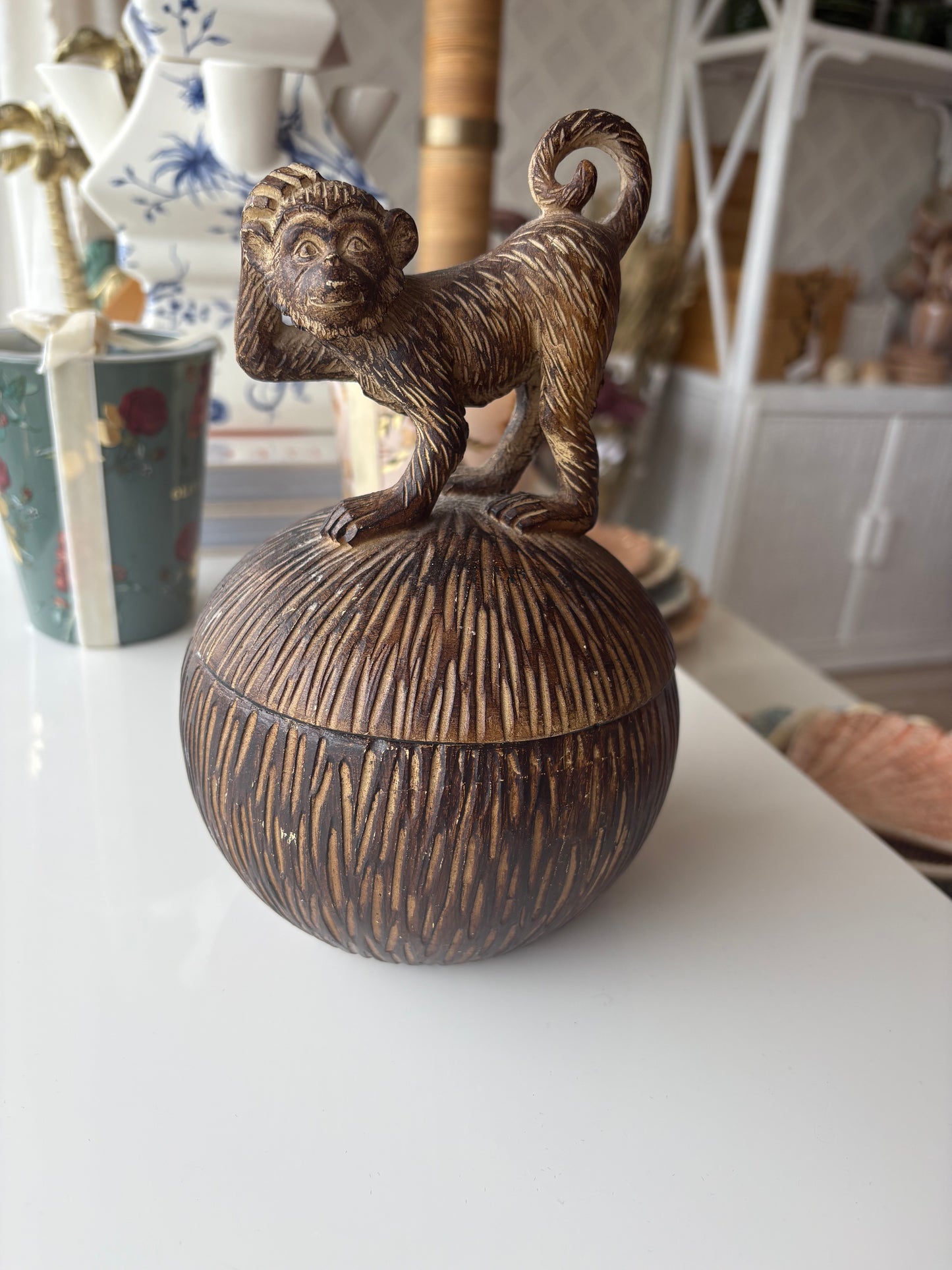 Monkey + Coconut Decorative Jar