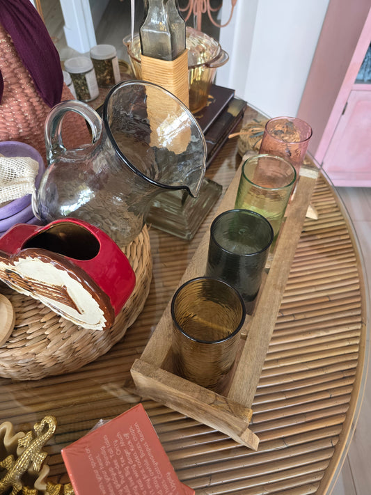 Set of Four Cocktail Glasses with Wooden Tray