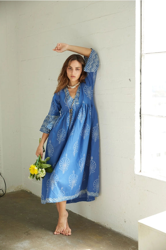 Fox + Mermaid Block Printed Dress - Bhavani in Egyptian Blue