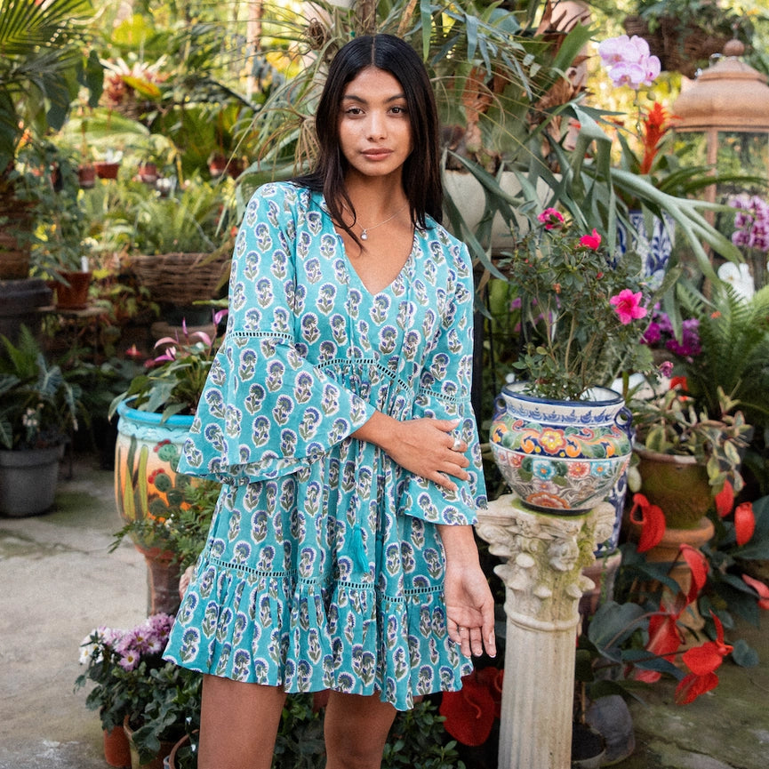 Fox + Mermaid Block Printed Dress - Manah in Sky Blue