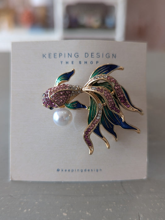 Rhinestone Goldfish Brooch w/ Pearl