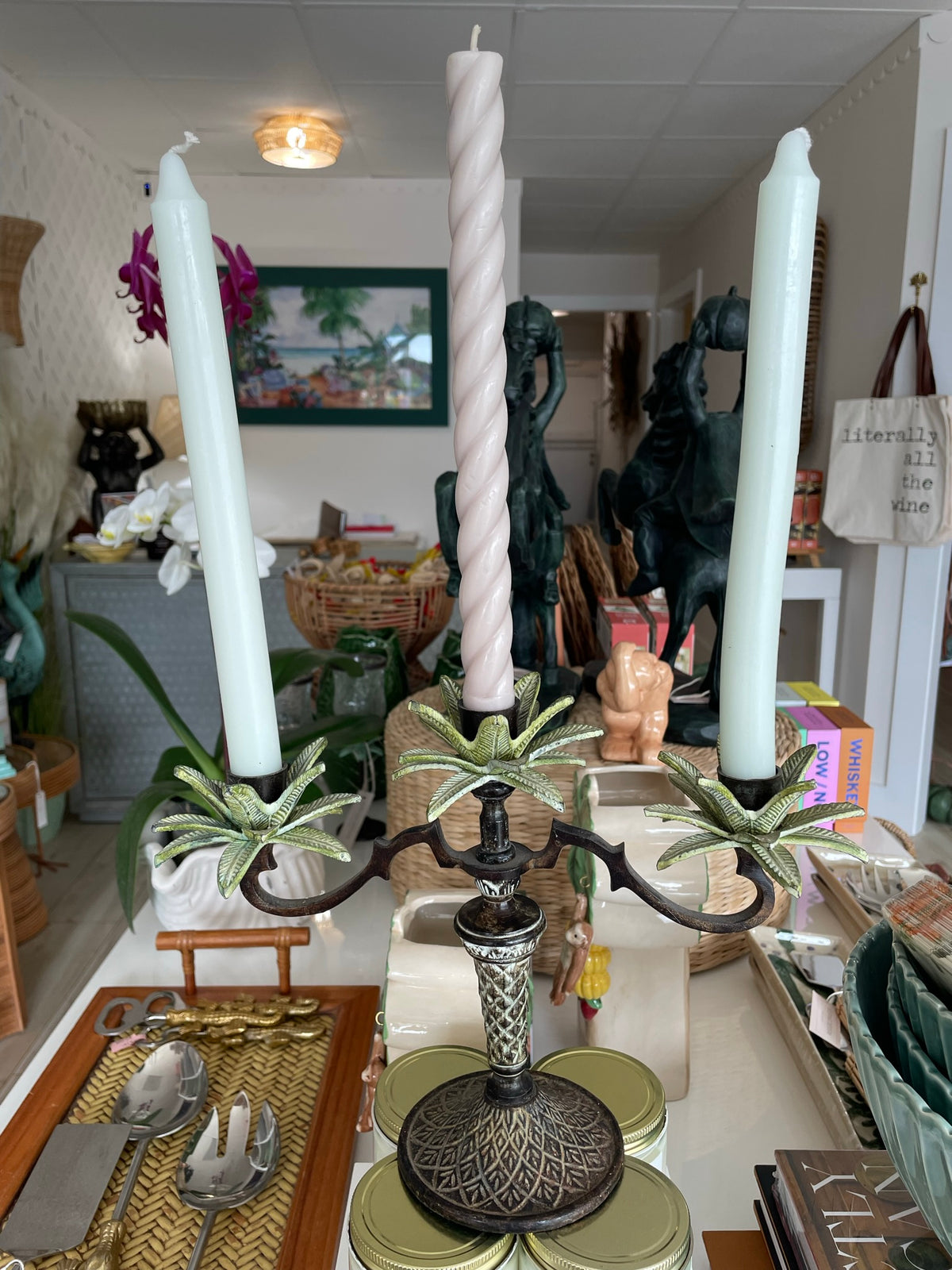 Vintage Metal 3 Palm Tree Candlestick Holder