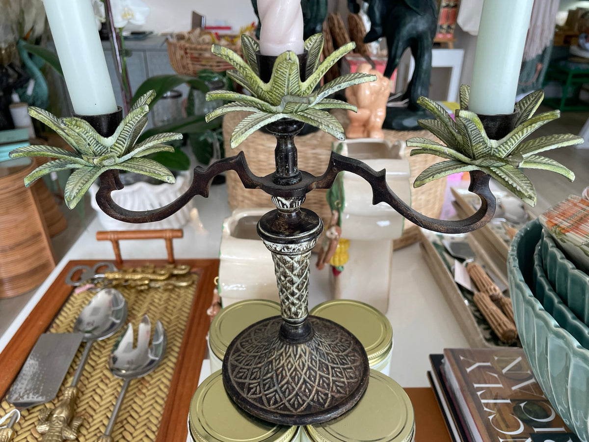 Vintage Metal 3 Palm Tree Candlestick Holder