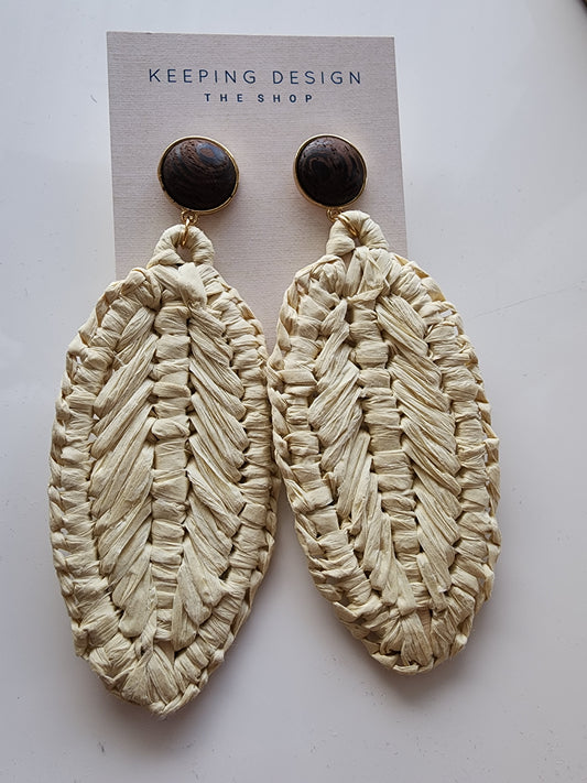 Earrings - Woven Straw with Wood