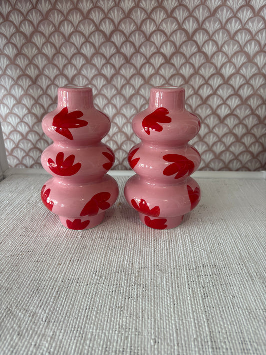 Pink + Red Ceramic Candlestick Holder